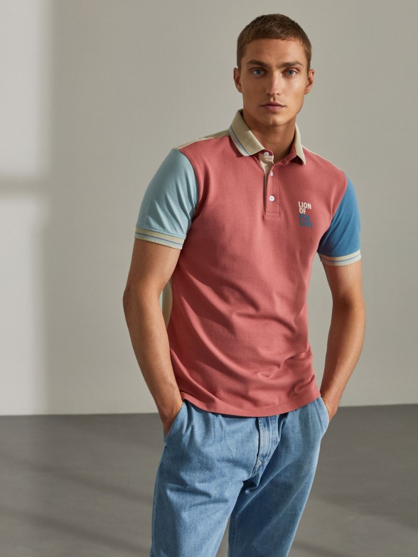Man's tricolour knitted polo shirt with short sleeves