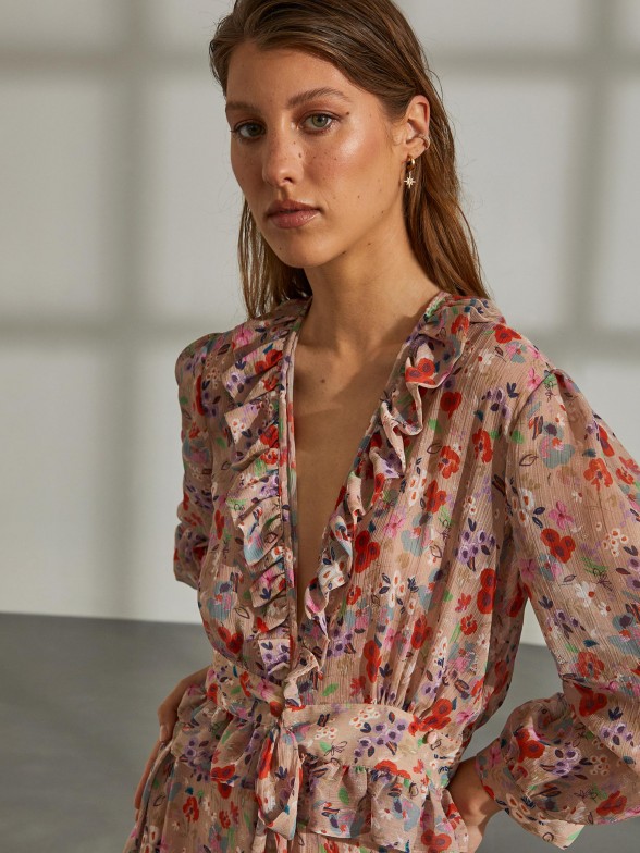 Top para mulher cropped com estampado floral e folhos