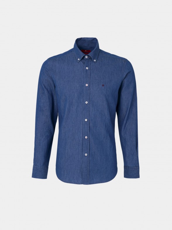 Camisa para homem slim fit em denim e com bordado no peito