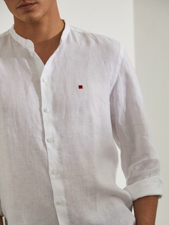 Camisa para homem slim fit de linho com colarinho mandarim
