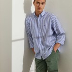 Man's cotton and linen regular fit shirt with stripe pattern