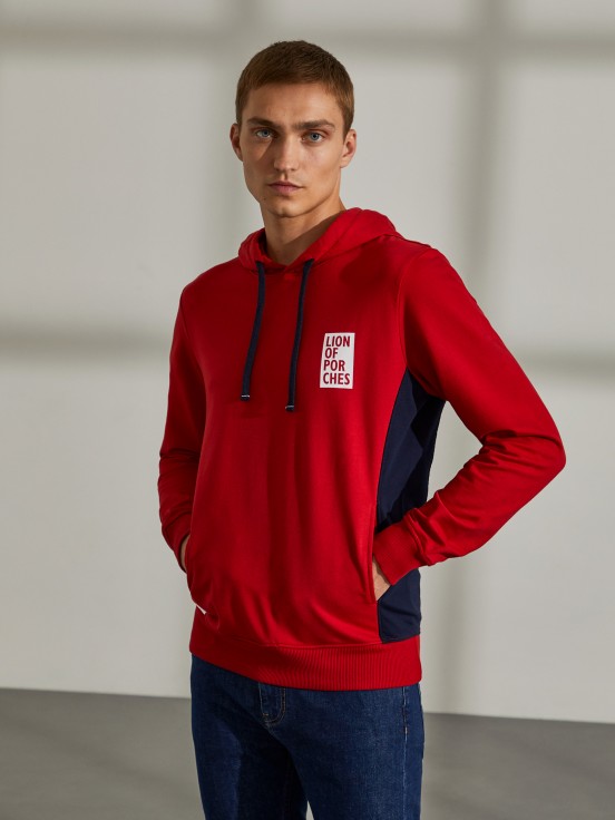Man's cotton sweatshirt with hood and side stripes