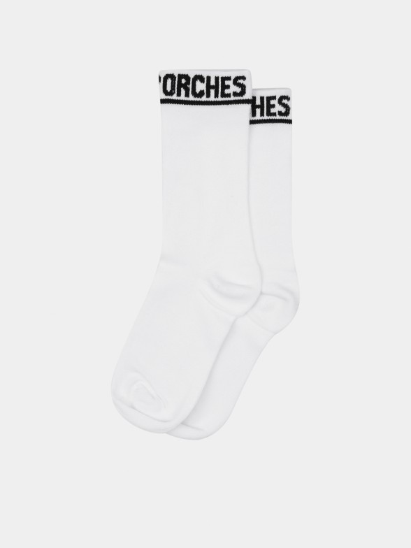 Woman's knee high white socks with lettering