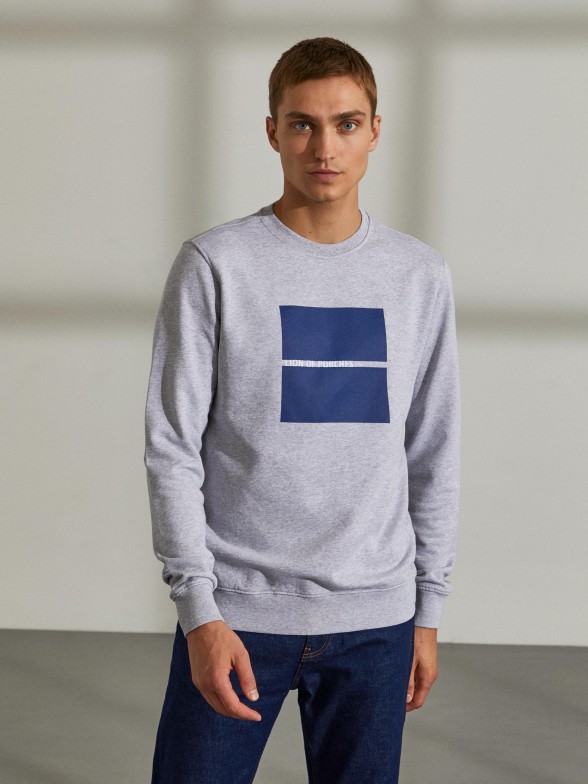 Man's sweatshirt in cotton with round collar and print