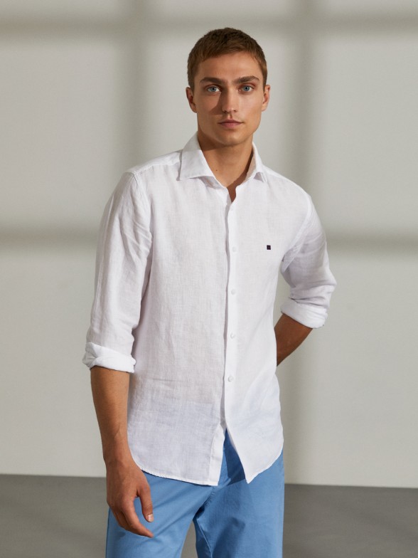 Camisa para homem slim fit 100% linho de manga comprida