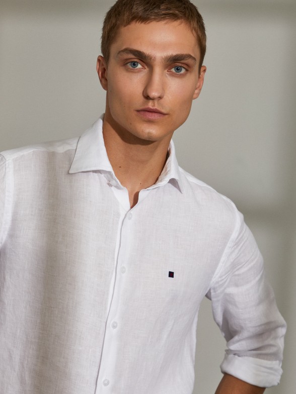 Camisa para homem slim fit 100% linho de manga comprida