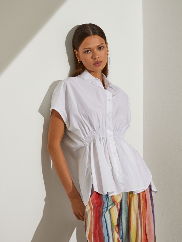 Camisa para mulher de algodão com mangas curtas e elástico na cintura