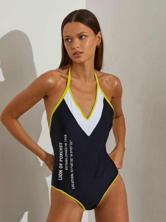 Tricolor swimsuit with lettering