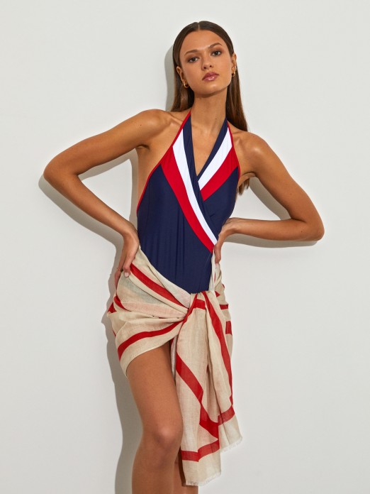 Woman's Three-colour swimsuit with v-neck effect