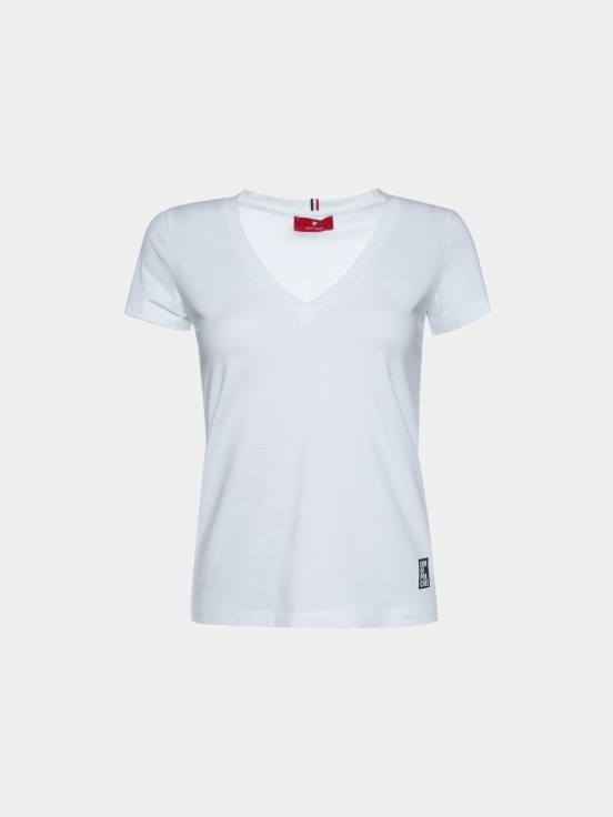 Camiseta para mujer en algodón elástico básico con cuello de pico