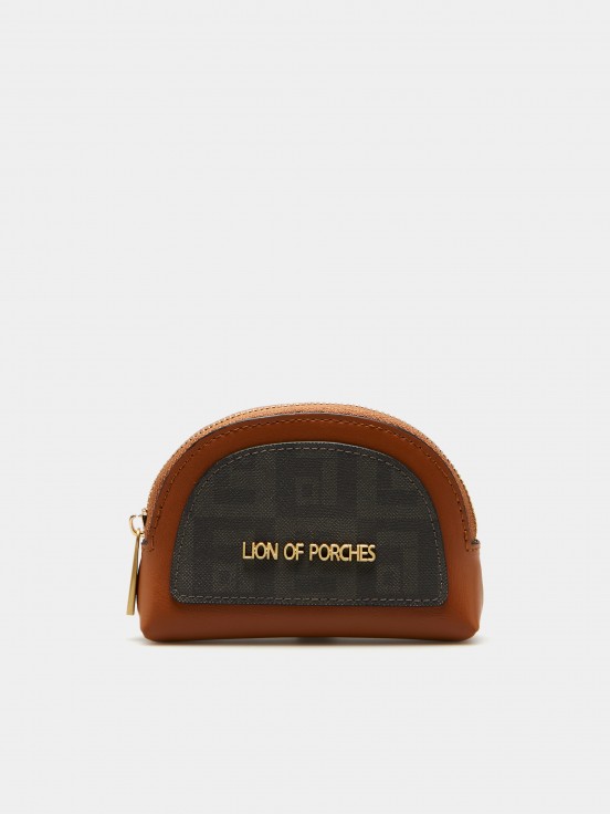 Tan coin purse with monogram pattern