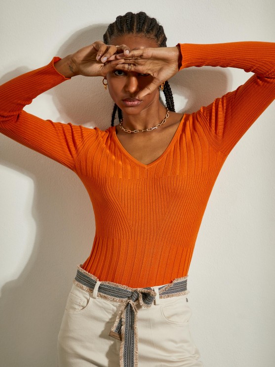 Camisola de malha canelada