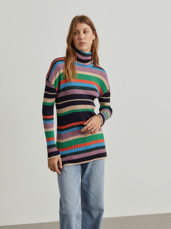 Multicolored striped turtleneck sweater