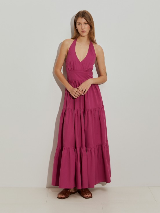 Vestido comprido com folhos