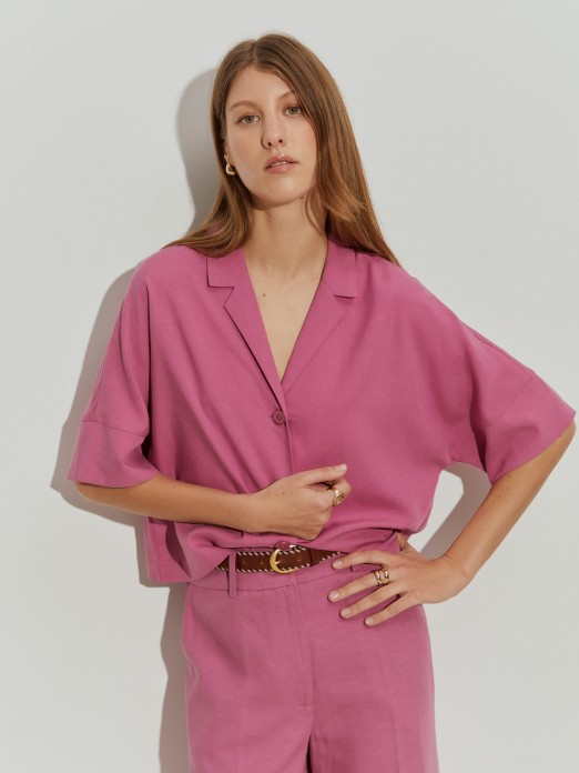 Camisa curta em tencel e linho