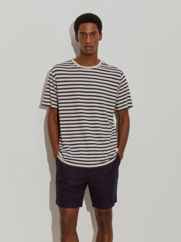 T-shirt às riscas em algodão e linho