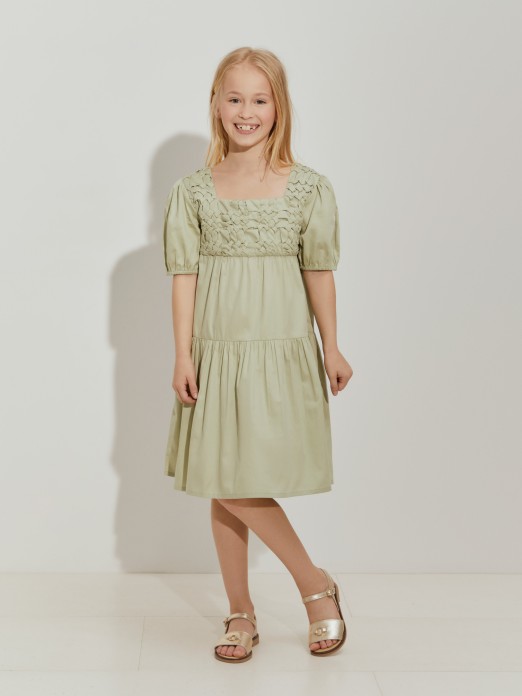 Vestido folhos manga curta