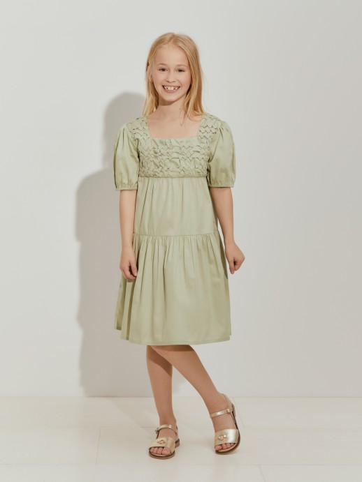 Vestido folhos manga curta