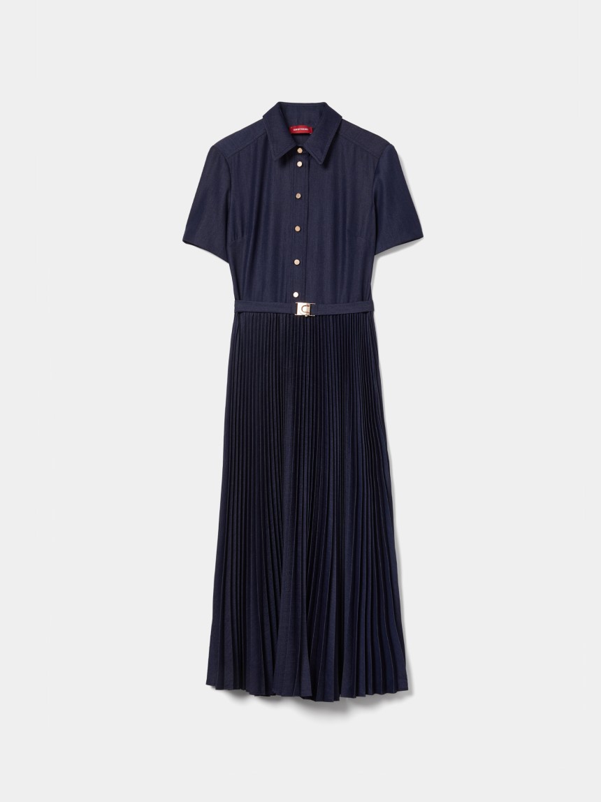 Vestido midi com saia plissada
