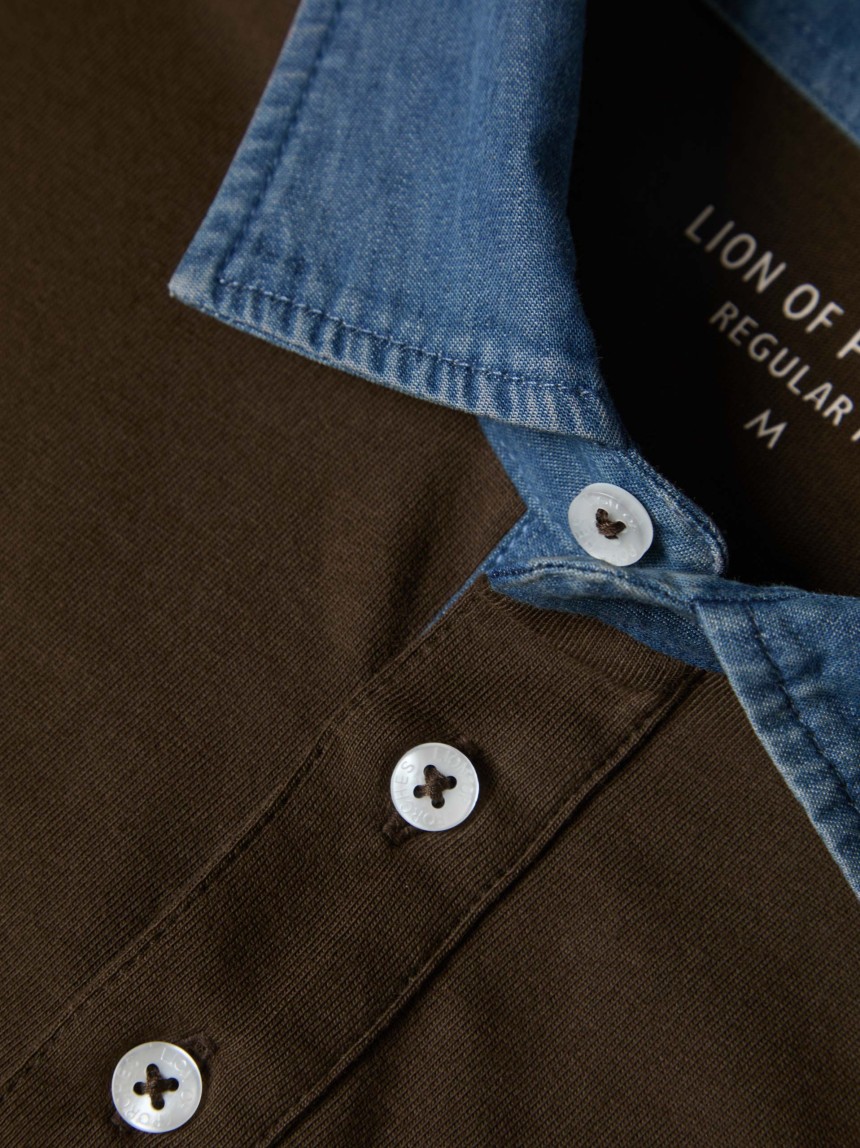 Cotton polo shirt with denim collar