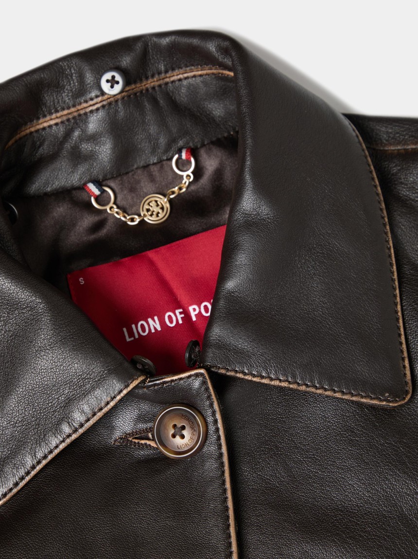 Leather coat with fur collar