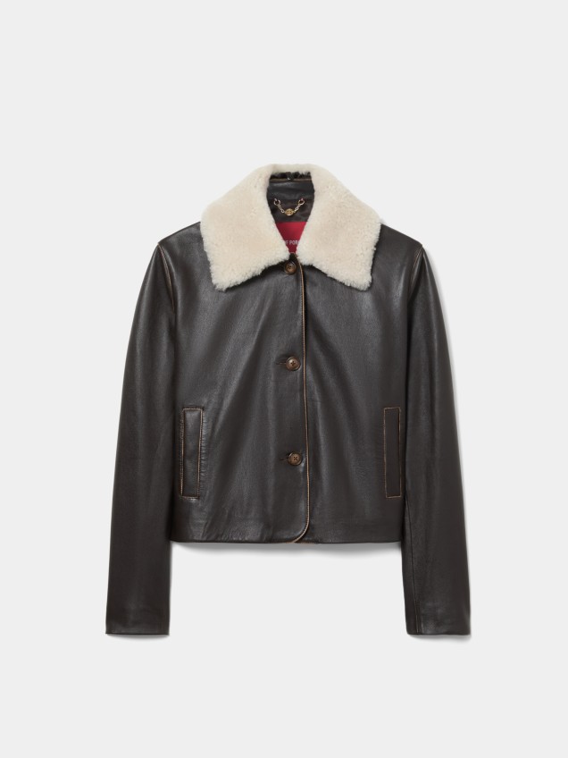 Leather coat with fur collar