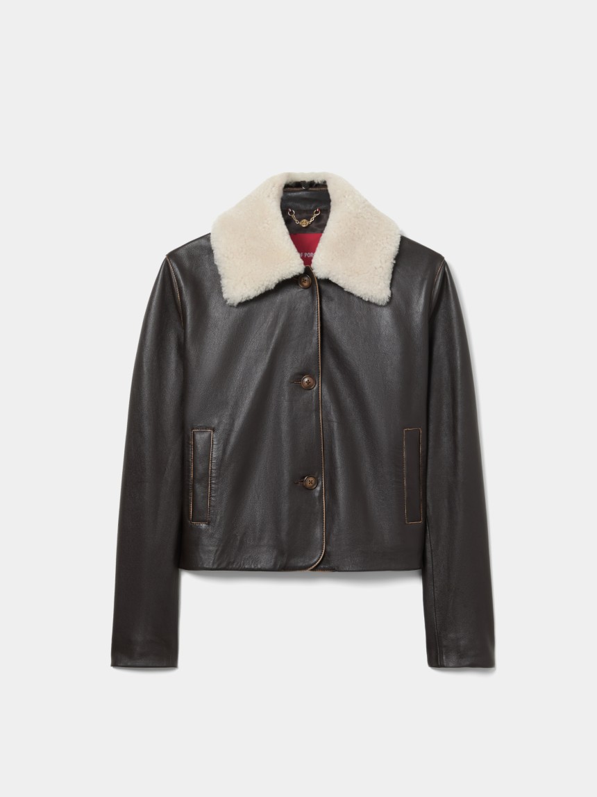 Leather coat with fur collar