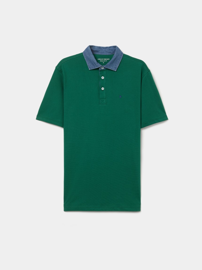 Cotton polo shirt with denim collar