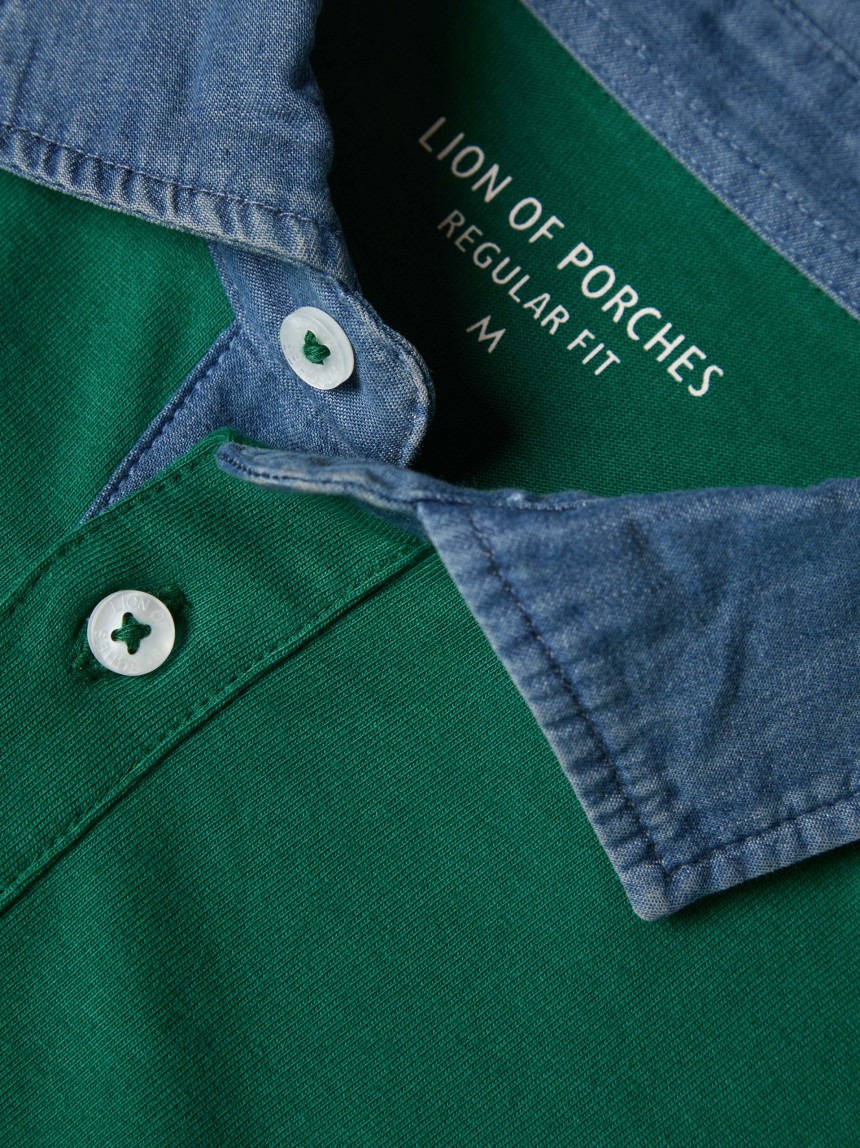Cotton polo shirt with denim collar