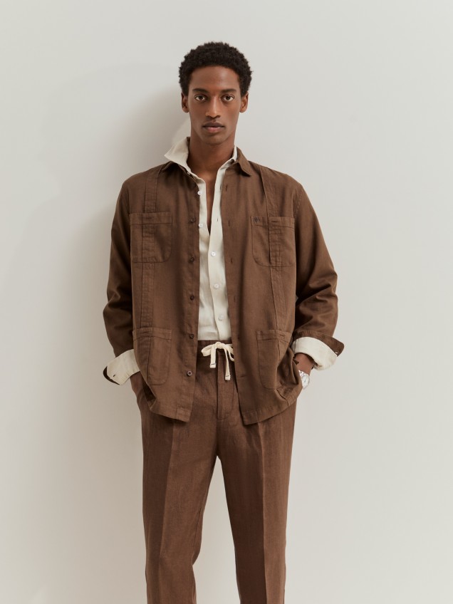 Sobrecamisa em linho e algodão com bolsos