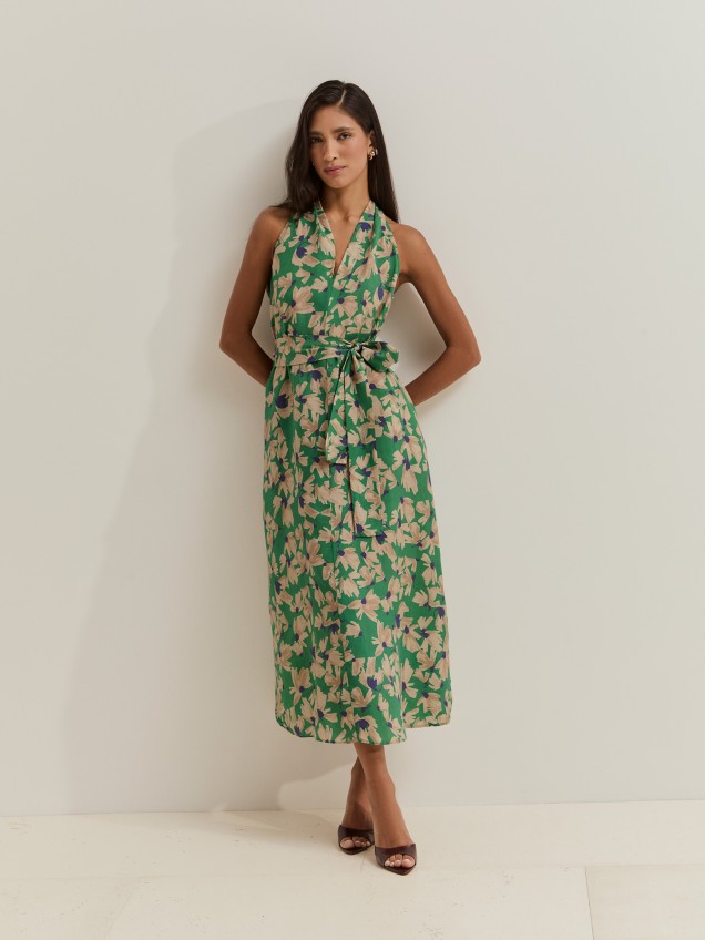 Vestido floral midi em liocel