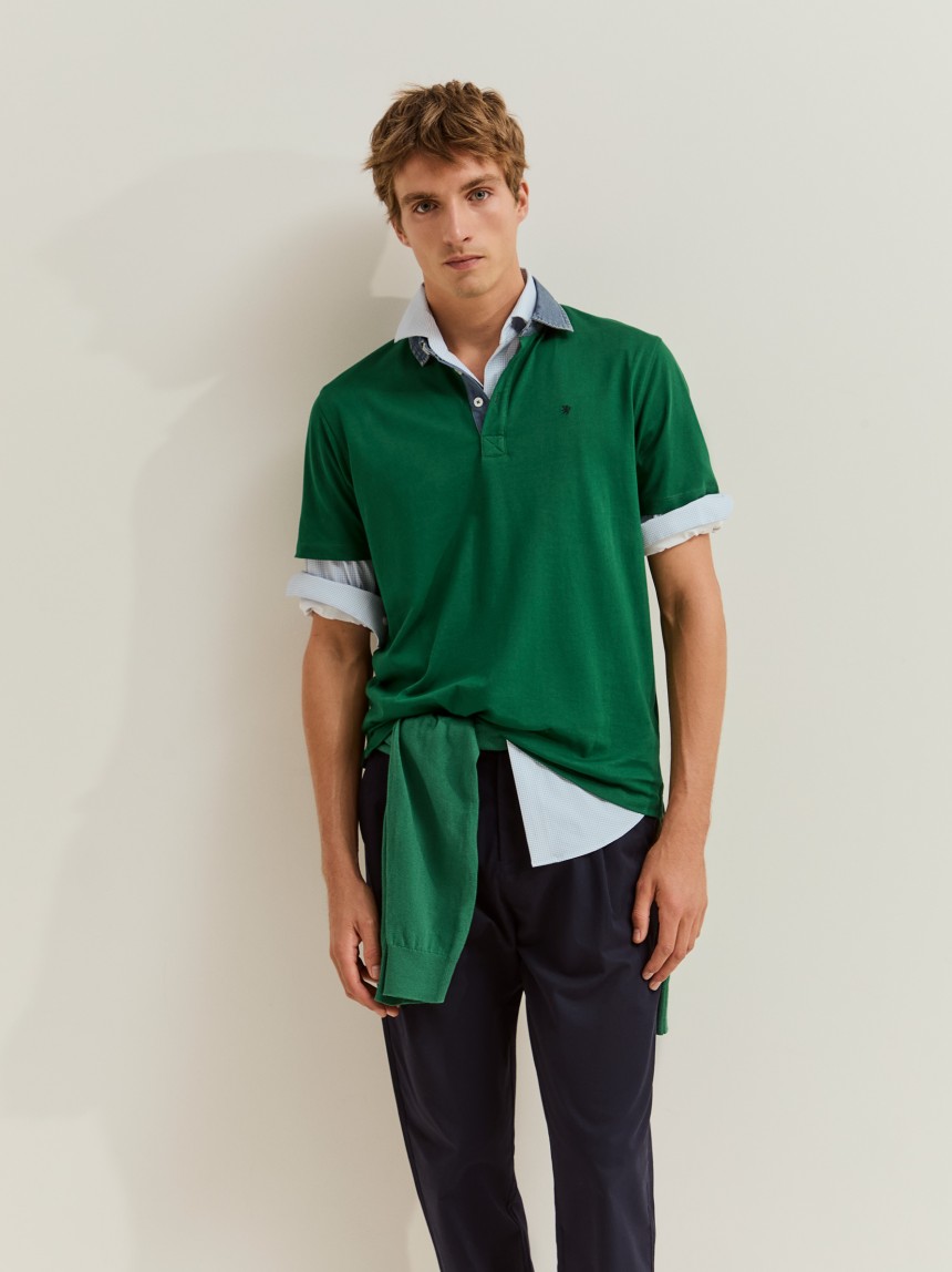 Cotton polo shirt with denim collar