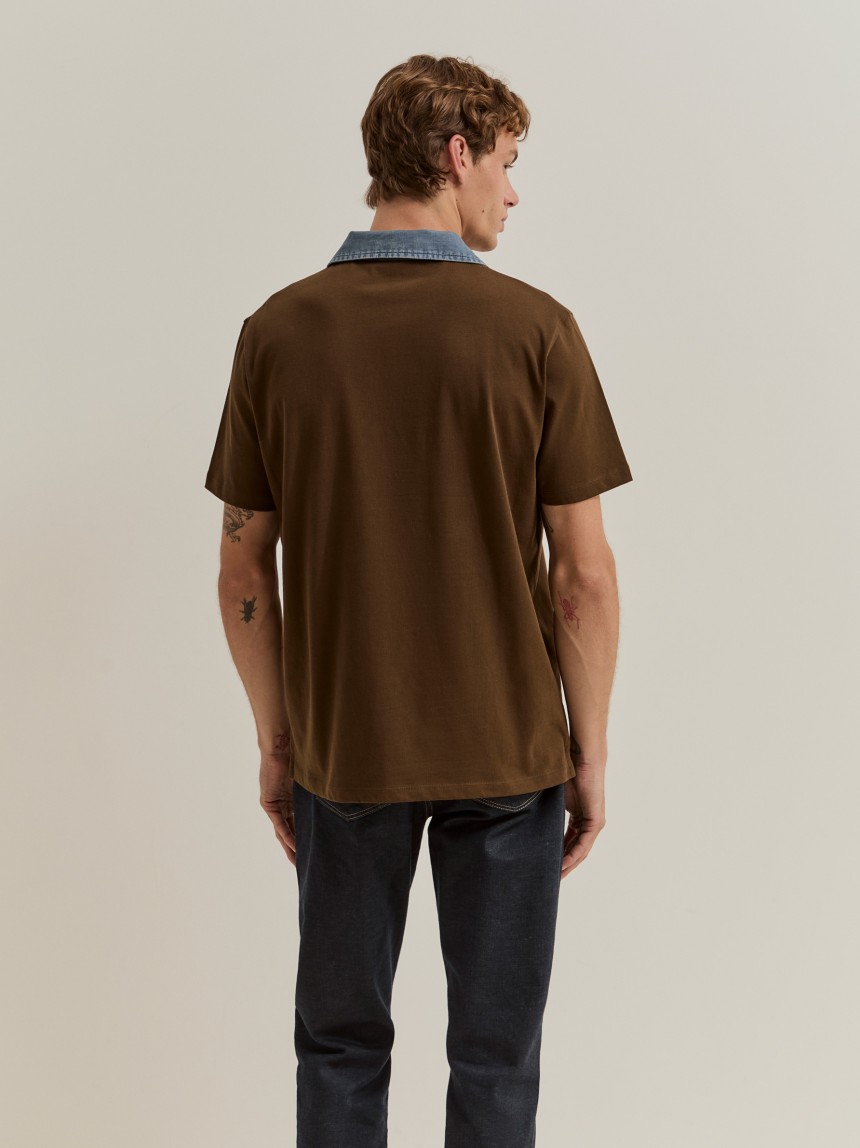 Cotton polo shirt with denim collar