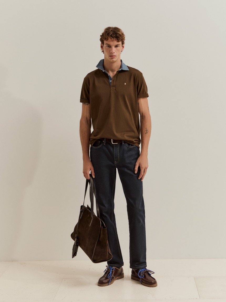 Cotton polo shirt with denim collar