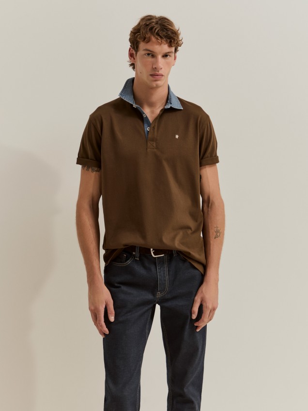 Cotton polo shirt with denim collar