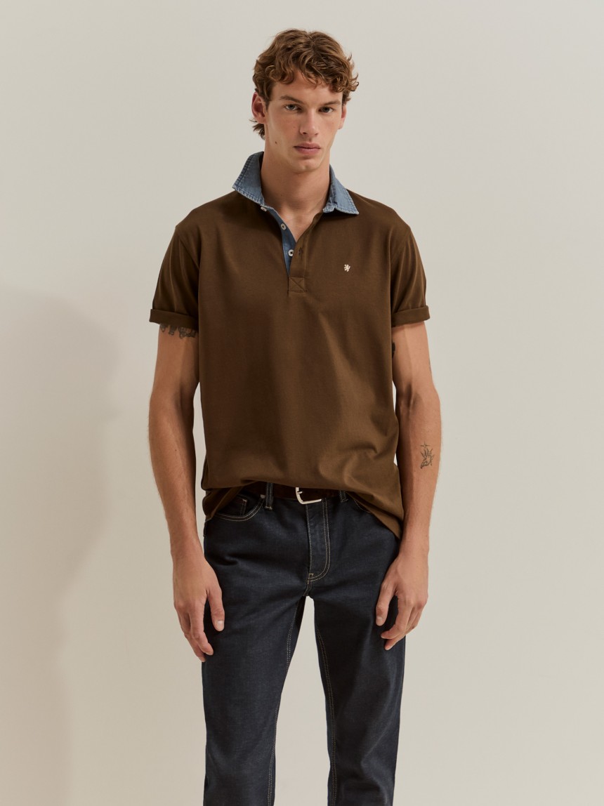 Cotton polo shirt with denim collar