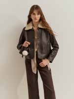 Leather coat with fur collar