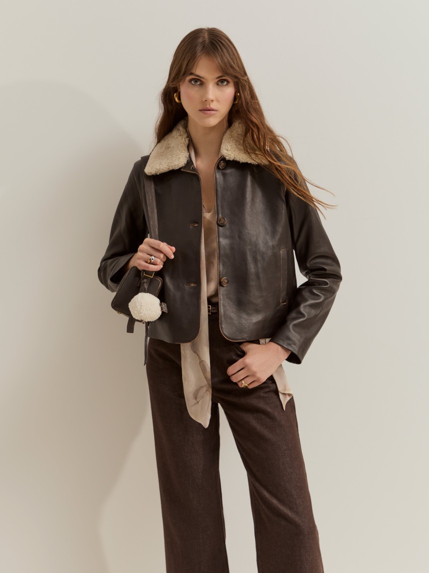 Leather coat with fur collar