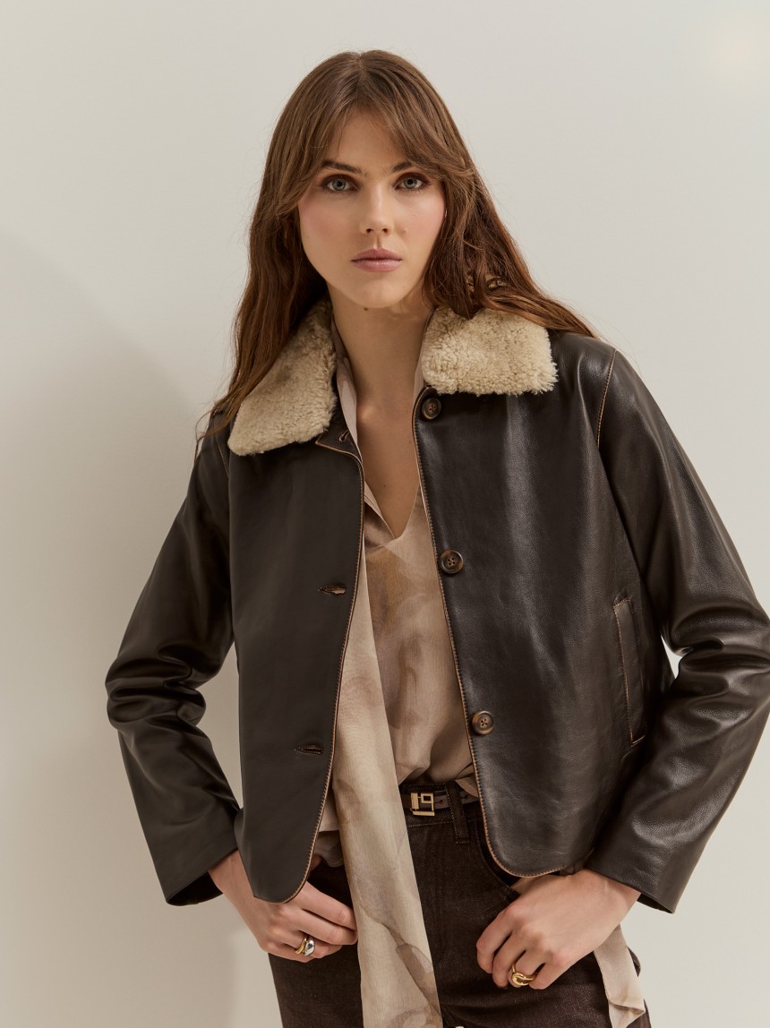 Leather coat with fur collar