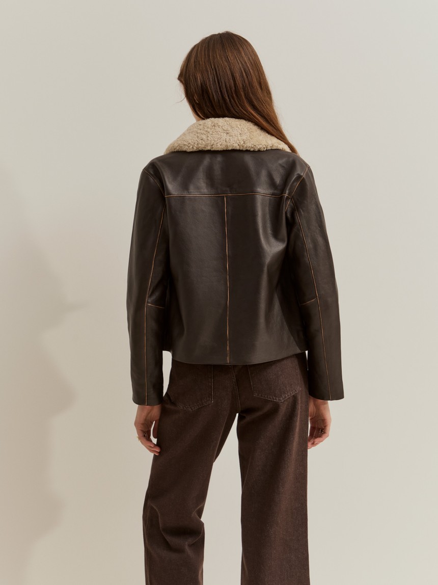Leather coat with fur collar