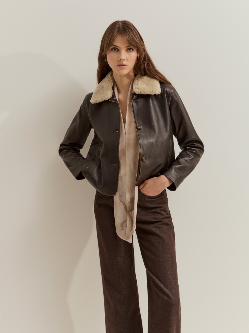 Leather coat with fur collar