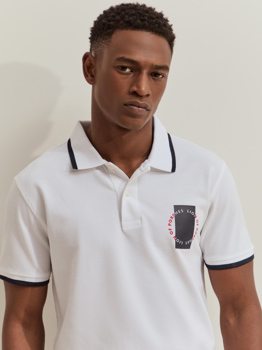 Polo shirt with stripes and print