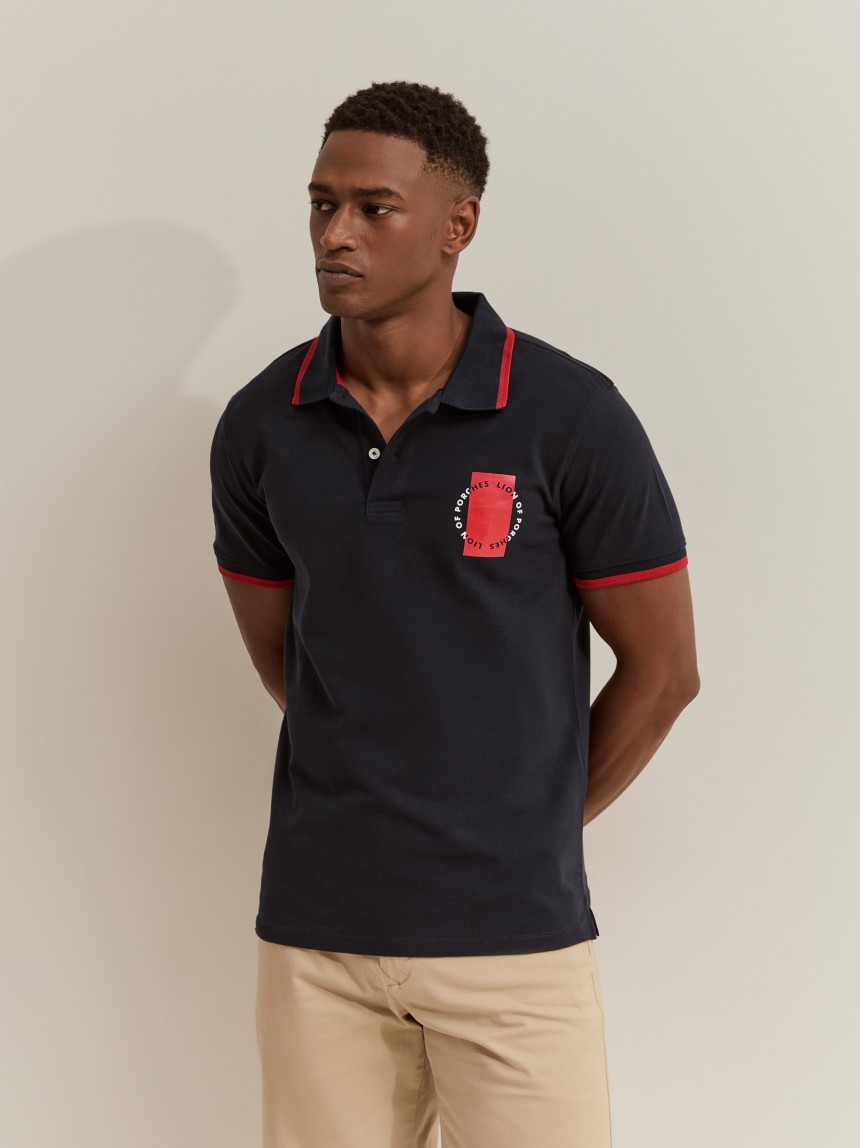 Polo shirt with stripes and print